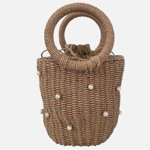 J.CREW Raffia Drawstring Bag with Pearls in Natural Straw